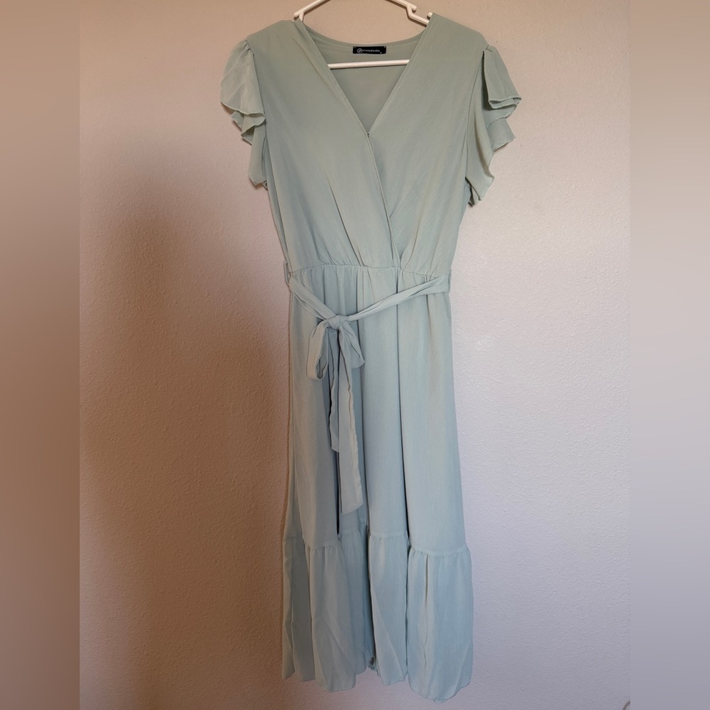 Women's Light Sage Wrap Midi Dress with Belt